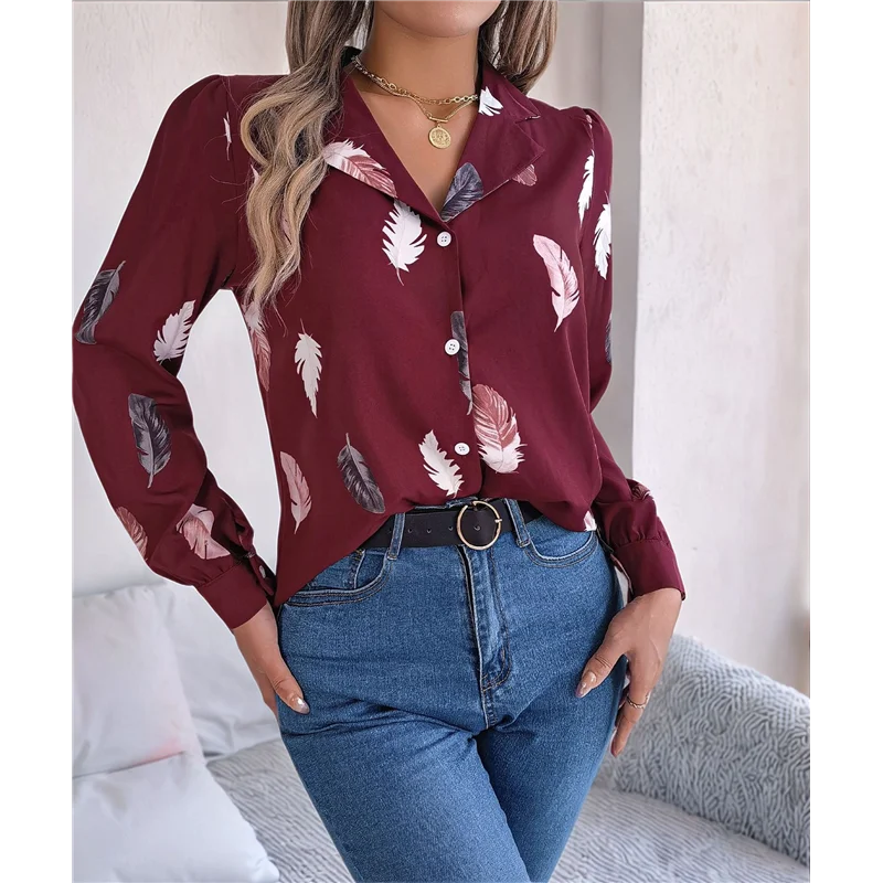 CGS-Bluse für Damen, langärmelig, lässiges Arbeitshemd, elegantes bedrucktes Revers, lockere Passform, Tunika, Bürokleidung, Oberteil