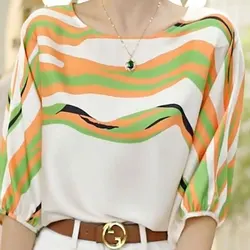 Elegant Round Neck Half Sleeve Blouse Casual Contrasting Colors Irregular Printed Women's Clothing Summer Commute Loose Shirt