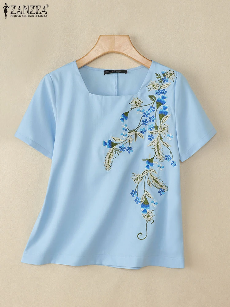 ZANZEA Fashion Summer Women Blouses Vintage Embroidery Shirts 2025 Tunic Tops Casual Loose Square Collar Short Sleeve OL Blusas