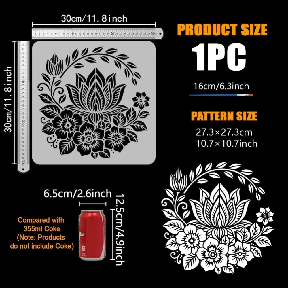 ماندالا لوتس اللوحة الإستنسل مع فرشاة 11.8x11.8 بوصة البلاستيك PET نمط الأزهار رسم قالب أوراق اللوتس المجوفة