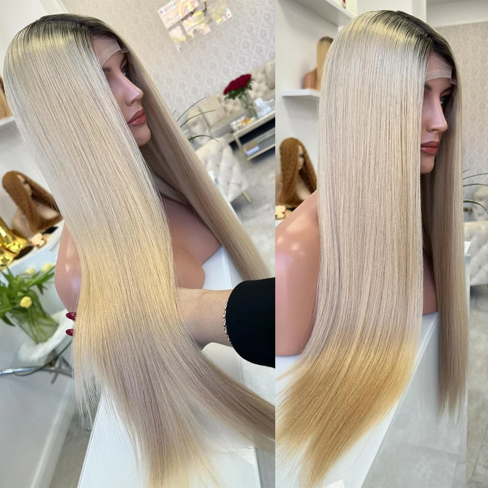 

Bright Creamy Blonde Straight Wig with Root 28" Full Lace Wig 150% Density Virgin Human Hair Premium Hair HD 13x6 Lace Front Wig