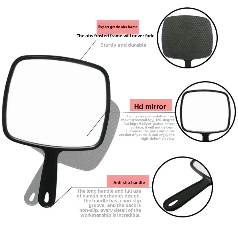 مرآة محمولة باليد، مرآة احترافية لصالونات الحلاقة ومصففي الشعر مع مقبض، مرآة يد عملية للمنزل (أسود) #2