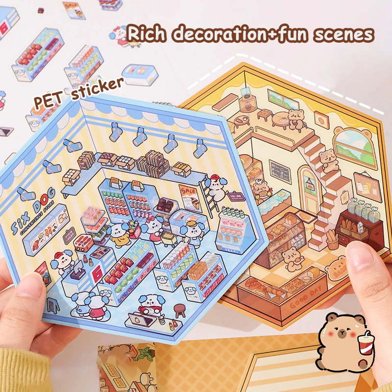 1Set Cute Cartoon Handmade DIY Landscaping Stickers Scene Stacking Pasting Stickers Creative 3D Simulation Cabin Stickers