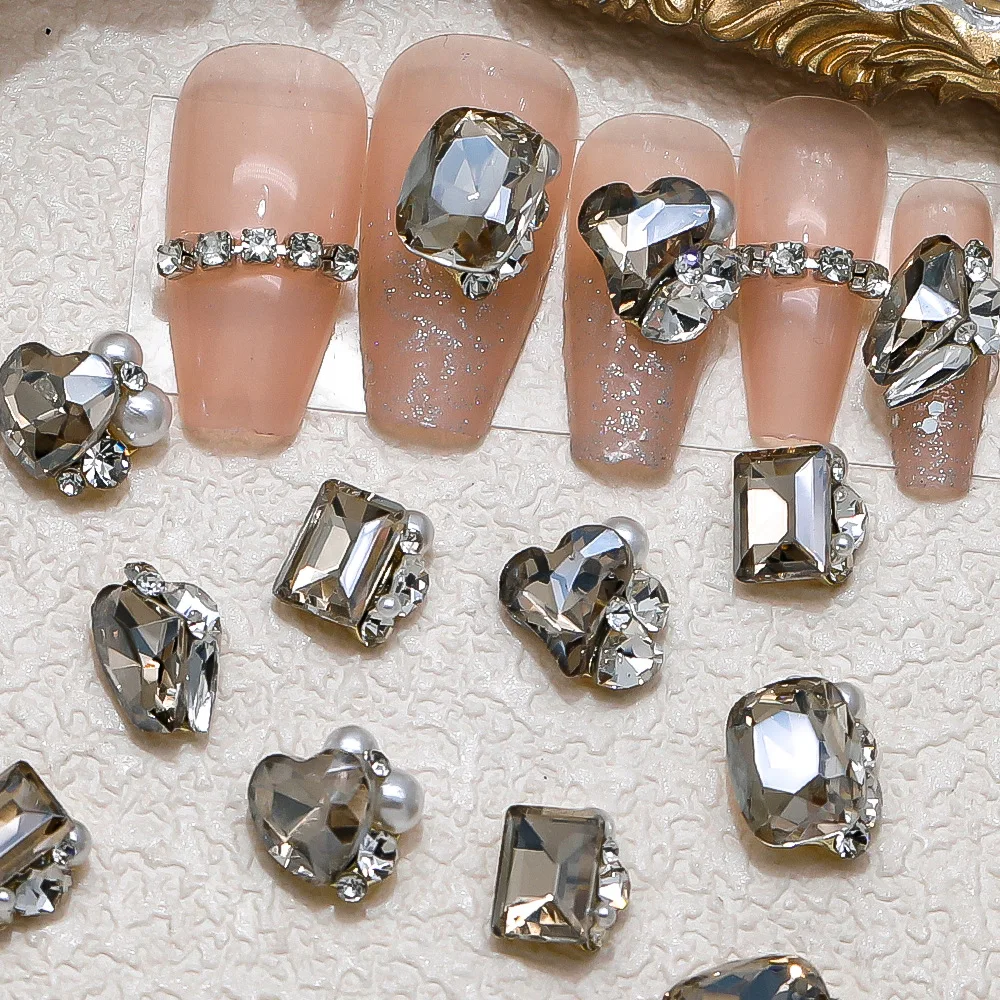 

10PC Grey 3D Cluster Nail Rhinestone Pearl Pile Charms Crystal Diamond Accessories For Manicure Decor Nails Decorations Supplies