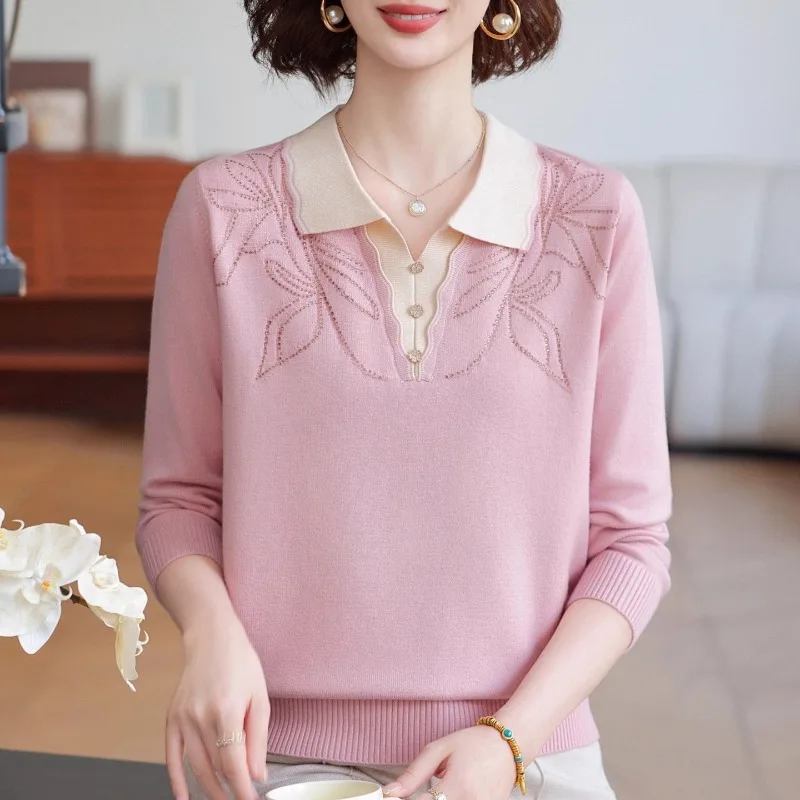 Bottoni con colletto POLO con presa nuova da donna Tinta unita alla moda Allentato Versatile Casual Top lavorato a maglia a maniche lunghe