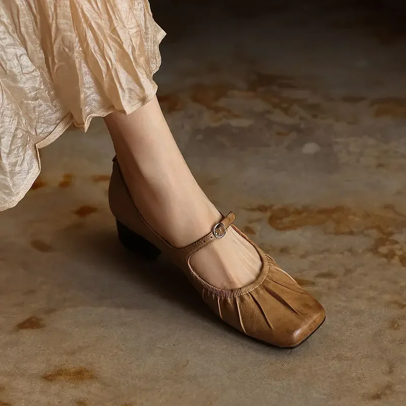 Retro Genuine Leather Mary Jane Shoes Women Square Toe Mid Block Heels Vintage Hand-Rubbed Cowhide Slip-On Shallow Single Shoes