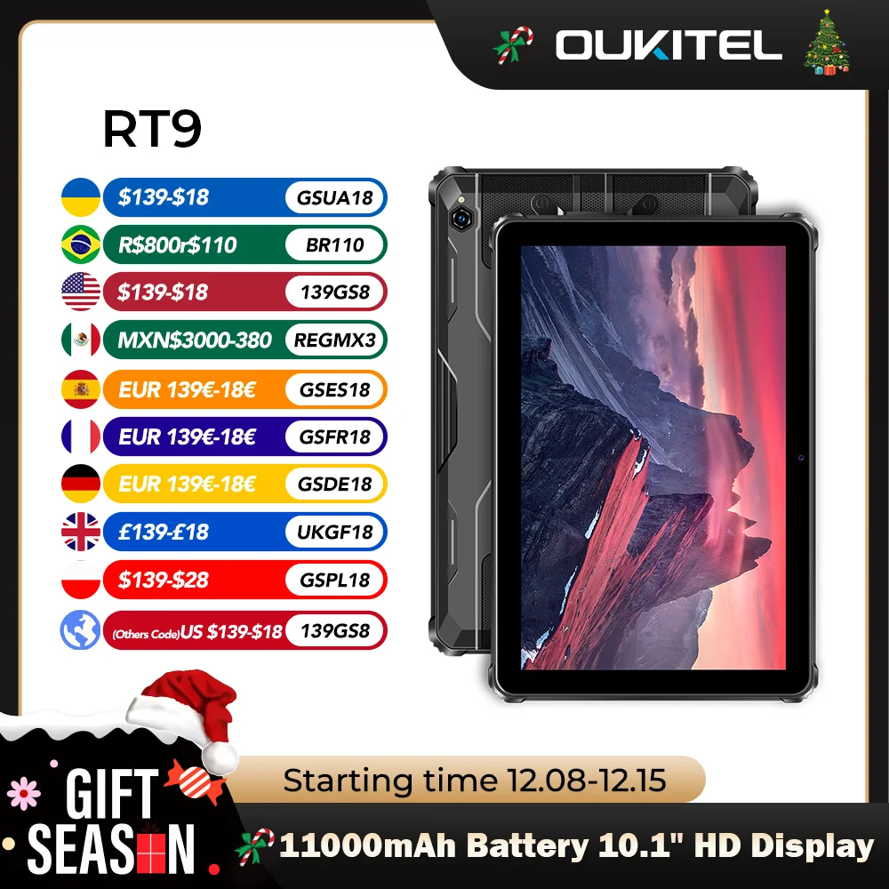 Прочный планшет Oukitel RT9, прочный планшет, 10,1-дюймовый HD-дисплей, 24 ГБ ОЗУ, 256 ГБ, водонепроницаемый планшет, аккумулятор 11000 мАч, Android