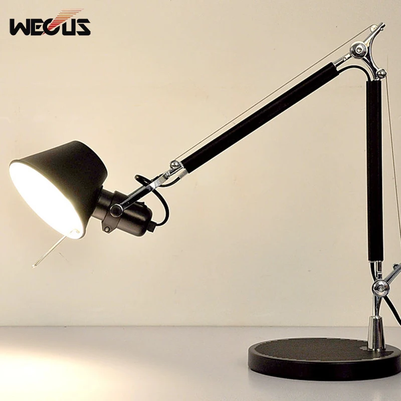 

Classic long arm straw hat table lamp black silver aluminum fabric shade bedside study lighting for bedroom home use