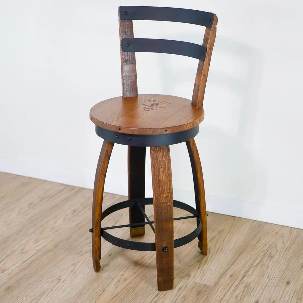 Swivel Top Bar Stool W/Backrest - Whiskey Wine Barrel Handcrafted Wine Barrel Furniture (28 Sit Height)