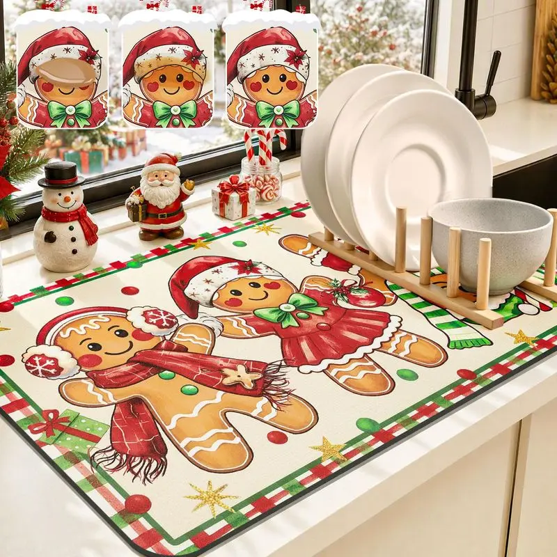 VIKAMA Gingerbread Couple Absorbent Counter Mat Non Slip Candy Cane Holiday Plate Dish Pad for Sink Happy New Year Home Decor