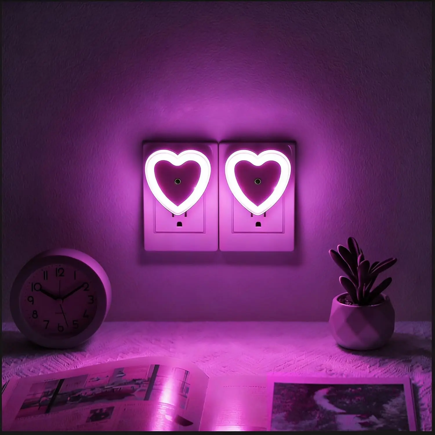 

LED Night Lights Plug in(2-Pack), Dusk to Dawn Sensor Auto-On/Off, Cute Nightlight Heart Shaped 0.5W for Bedroom, Bathroom, Kids Room, Nursery, Hallway (Pink)