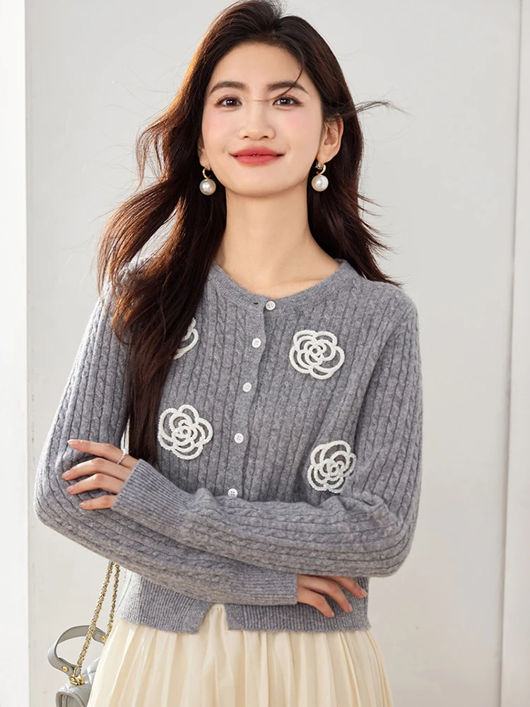 Casual Camellia Knitted Cardigan Autumn Fashion Loose Round Neck Sweater for Women Solid Color Long Sleeve Top