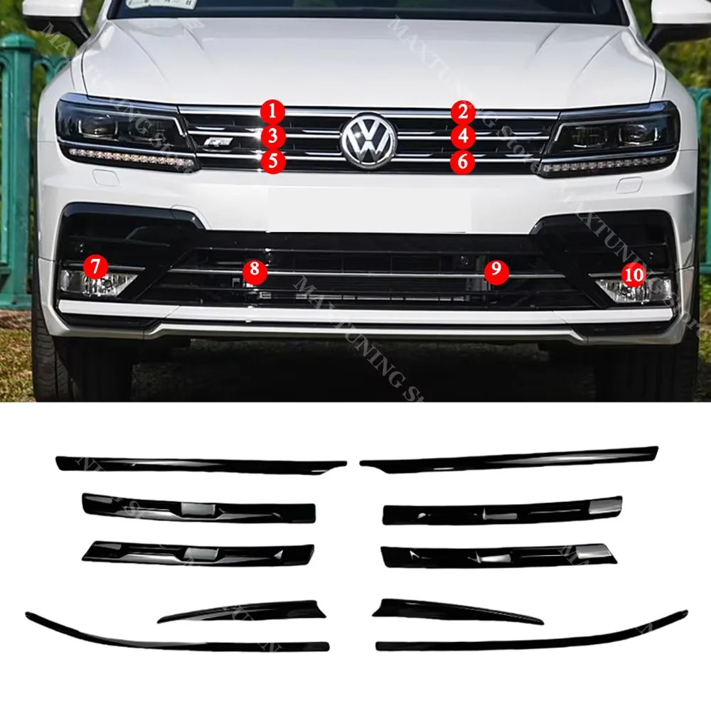 Voor Vw Tiguan MK2 R-Lijn 2017-2021 Voorbumper Koplamp Wenkbrauwen Center Grille Mistlamp Zwart Molding strips Stickers Trim
