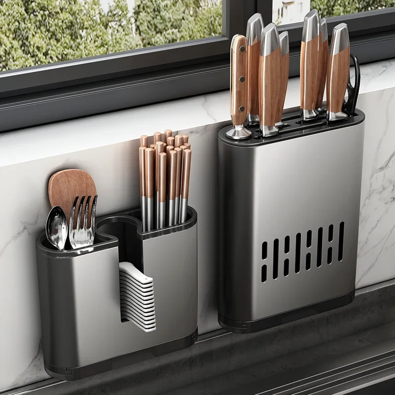 

Kitchen Knife Holder,Wall Mounted Utensil Storage Rack,Spoon Organizer with Drain Tray,Kitchen Organizer for Storage Cutlery