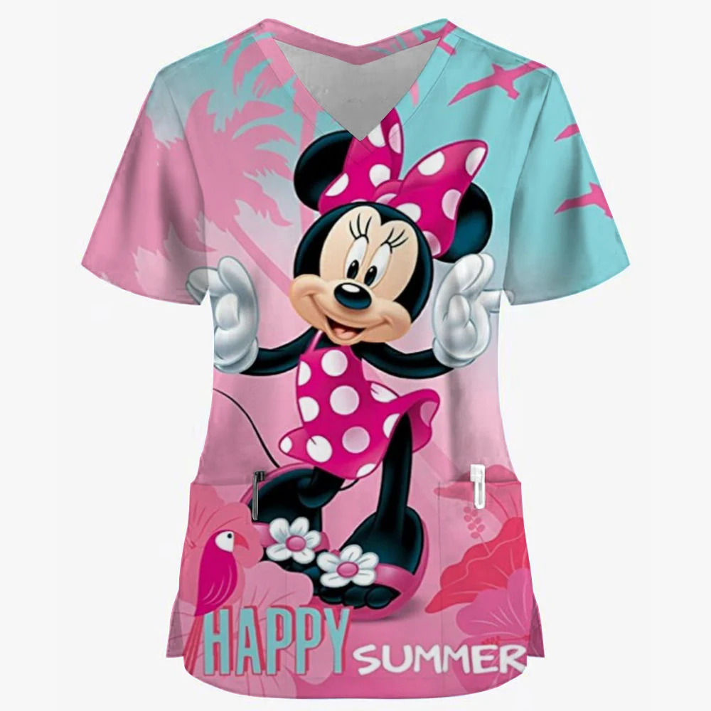 V-Neck Pocket Mickey Mouse Care Workers T-Shirt Tops Clinic Working Clothing Women Short Sleeve Scrub Tops Print Nurse Uniform