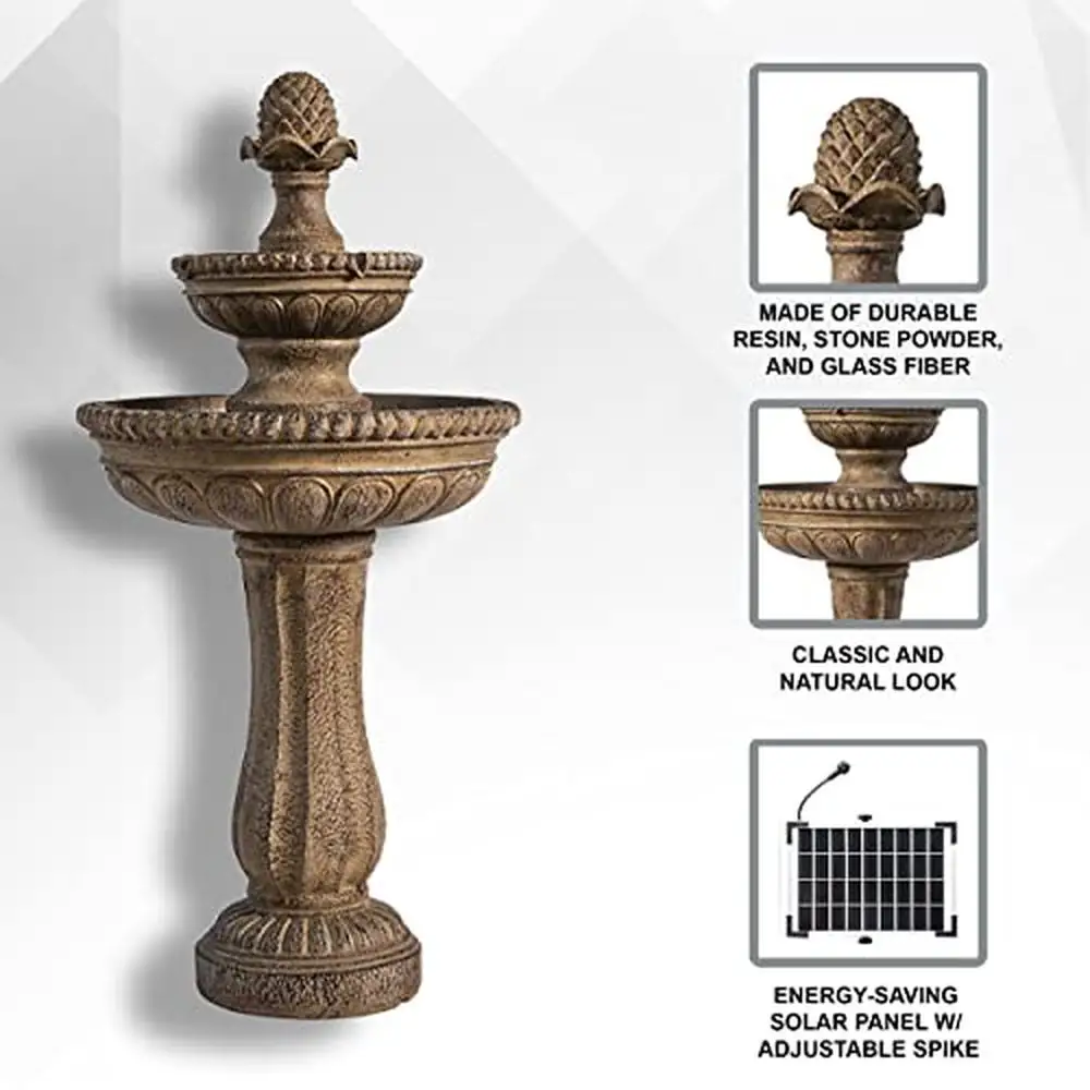 Solar Powered 2-Tier Bird Bath Fountain Outdoor Garden Décor Relaxing Waterfall Feature Durable Resin Stone Construction