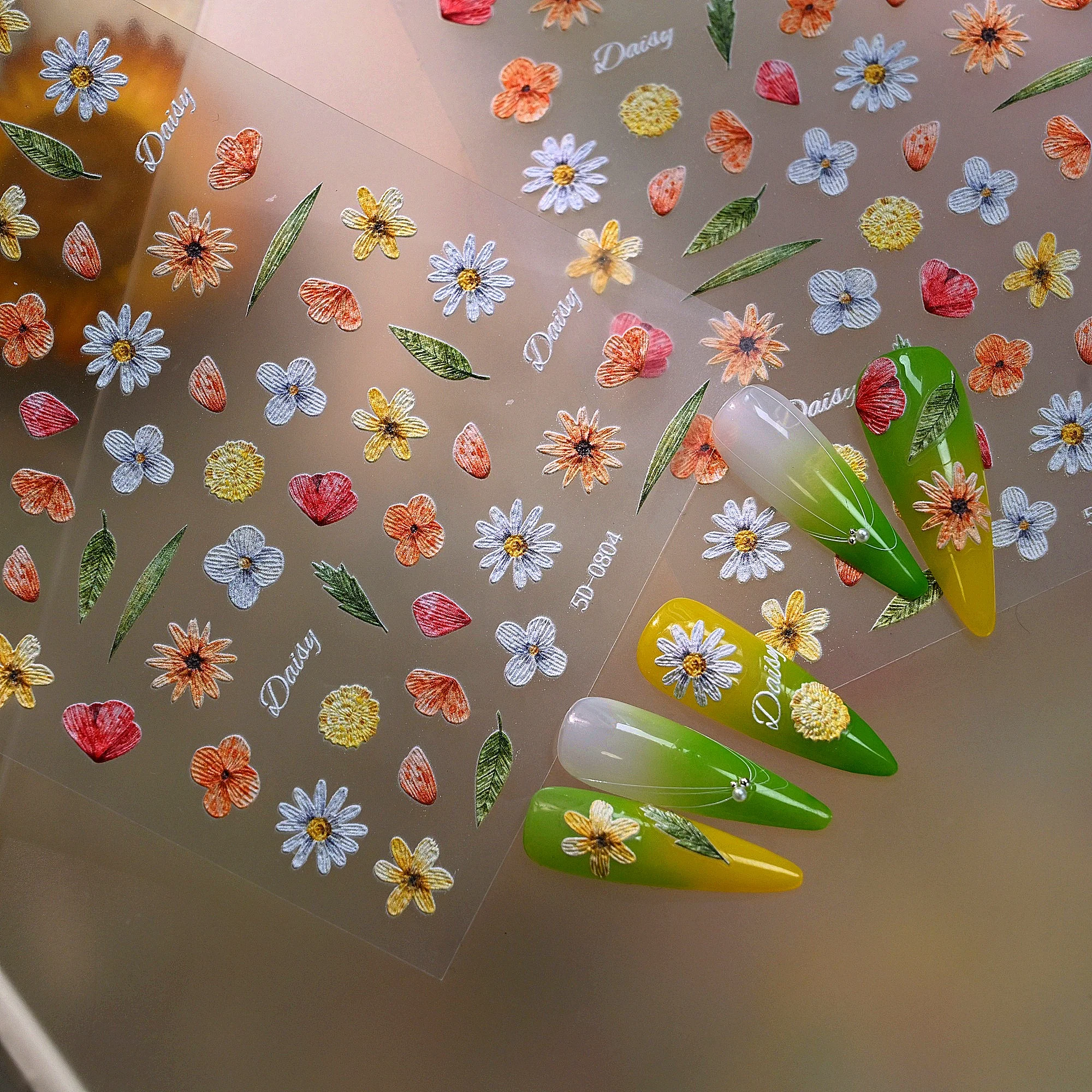 1Pcs 5D Embossed Daisy Nail Stickers Colorful Wildflower Leaf Self Adhesive Nails Decals for Fresh Spring Floral Manicure Slider