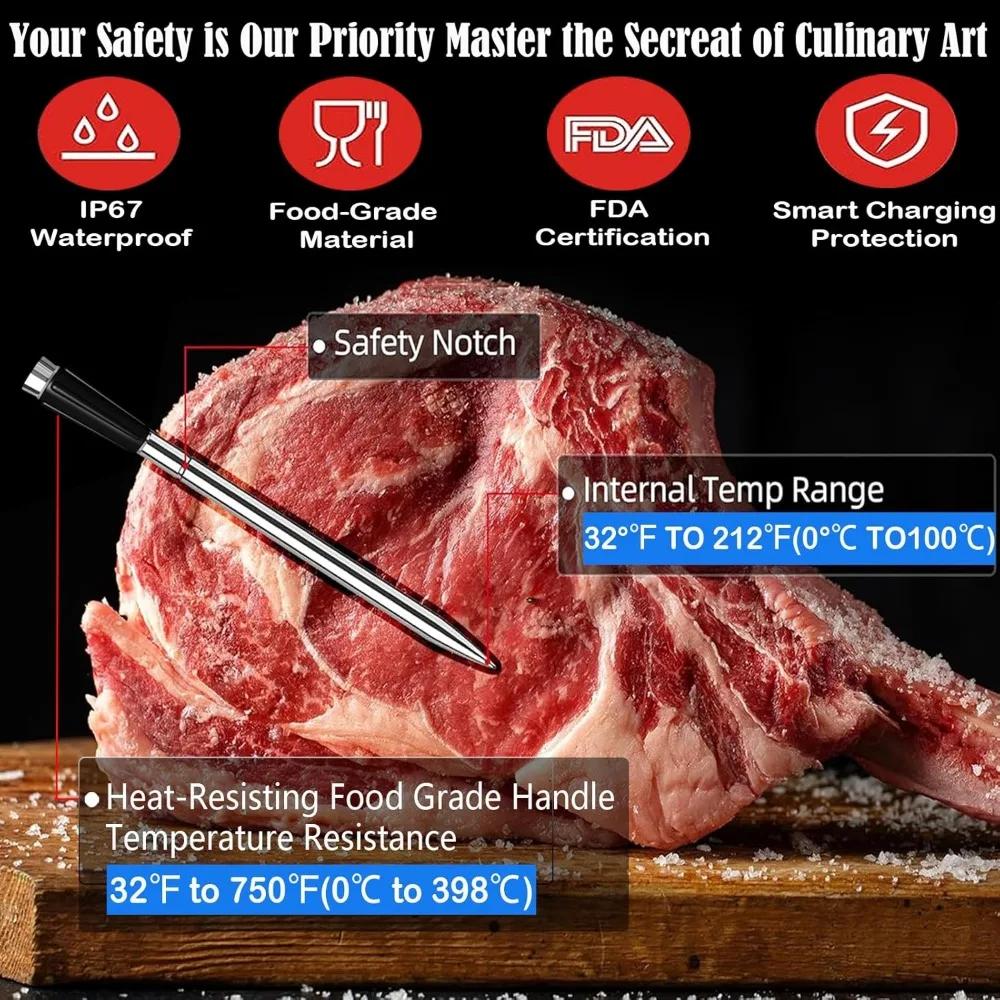 Termômetro de carne sem fio inteligente, Bluetooth, Digital Cooking Termômetro, App Control, 500ft, Novo