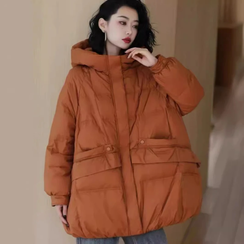 Hooded Duck Down Jacket for Women, Thickened Warm Jacket, Leisure Coat, Pocket Coat, Fashion, New, Winter, 2024