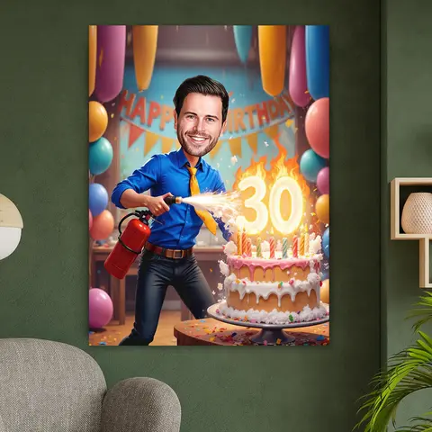 Bilashmart Custom Caricature 30th Birthday Portrait Poster Golden Number Blue Cartoon Portrait Prints Funny Personalized Birthday Wall Art