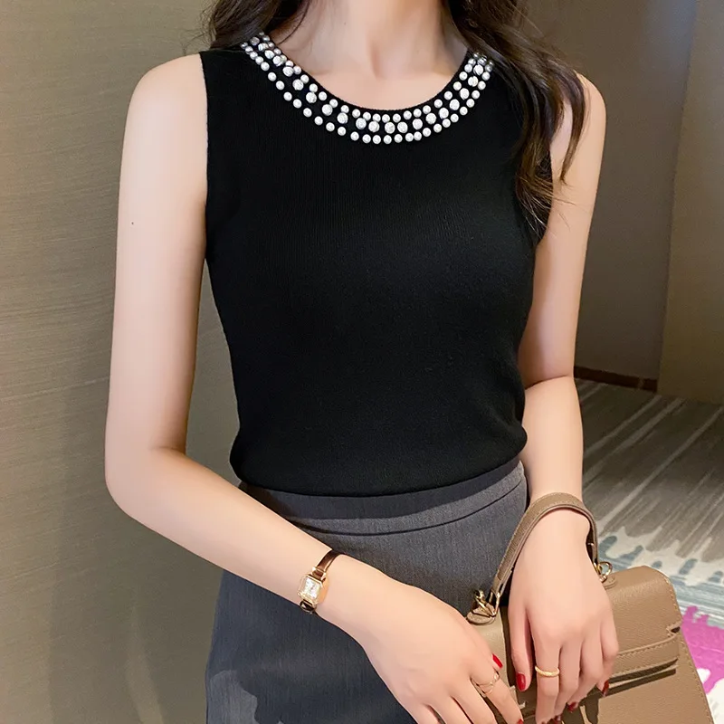 

Ice Silk Curved Beads Summer Sleeveless Pearl Knit Top Women Round Neck Beaded Sweet Versatile Korean Chic Small Fragrance Vest