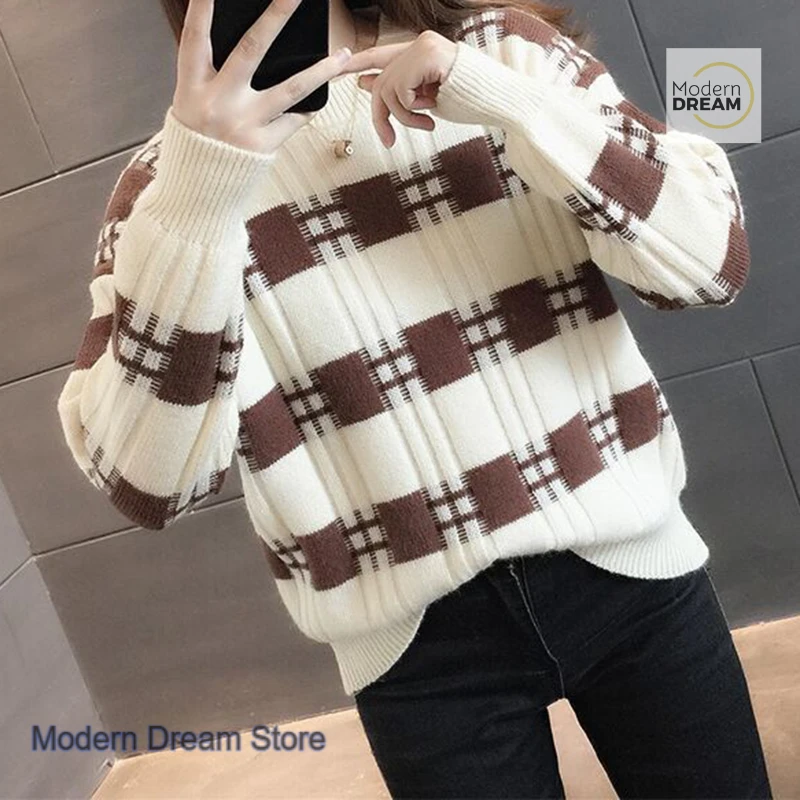 

Korean striped plaid sweater women's autumn and winter new style with loose inside and fashionable bottoming sweater outside.