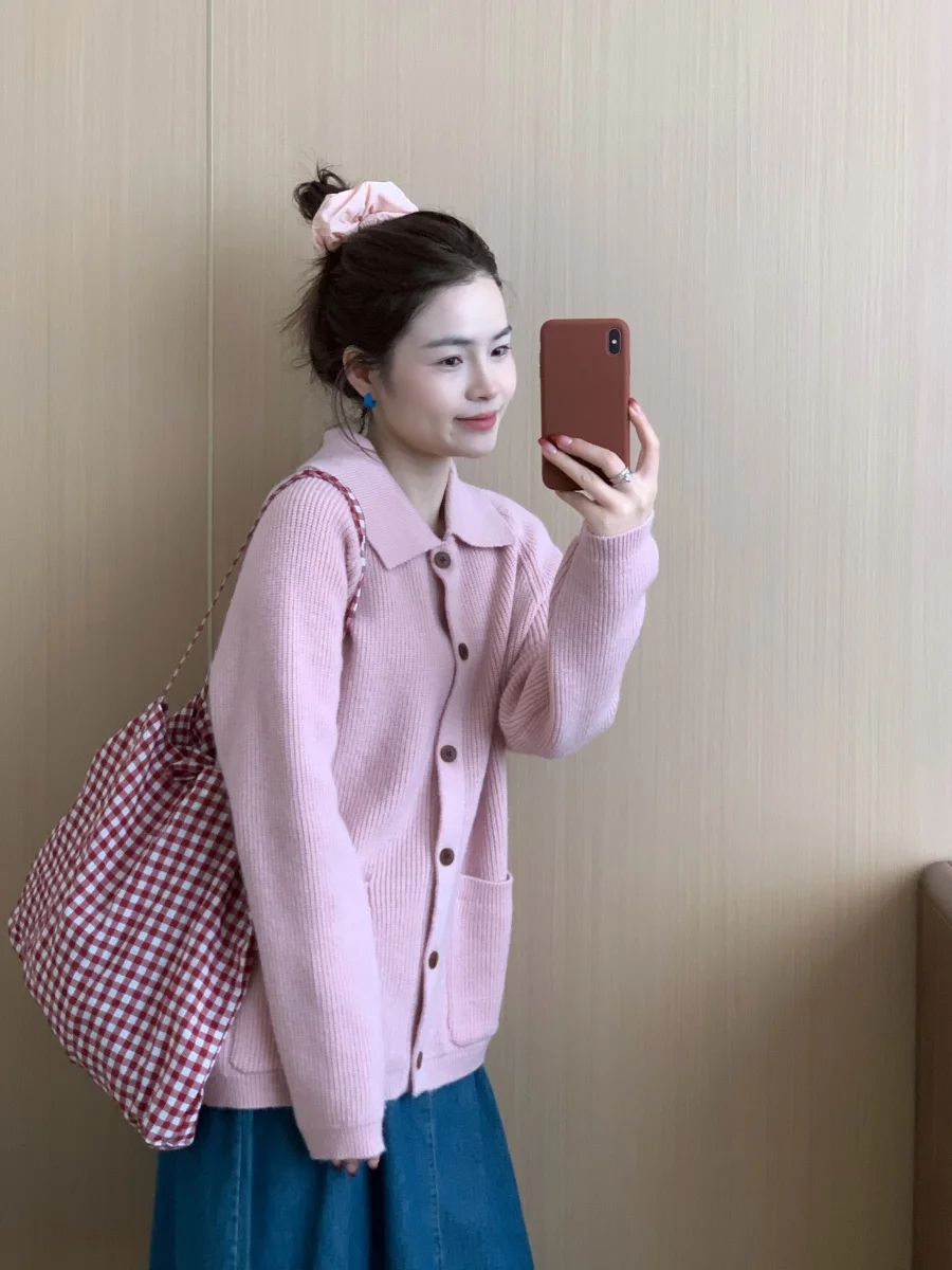 

Вязаный кардиган свободного кроя средней длины для женщин, в конфетных цветах, весенняя повседневная верхняя одежда с длинными рукавами на пуговицах