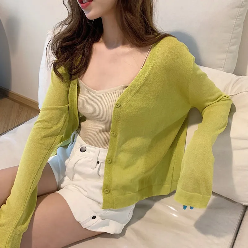 Solid Color Knitted for Women Cardigan Korean Long Sleeve Jumper Female Round Neck Basic Sunscreen Cropped Cardigan Outwear