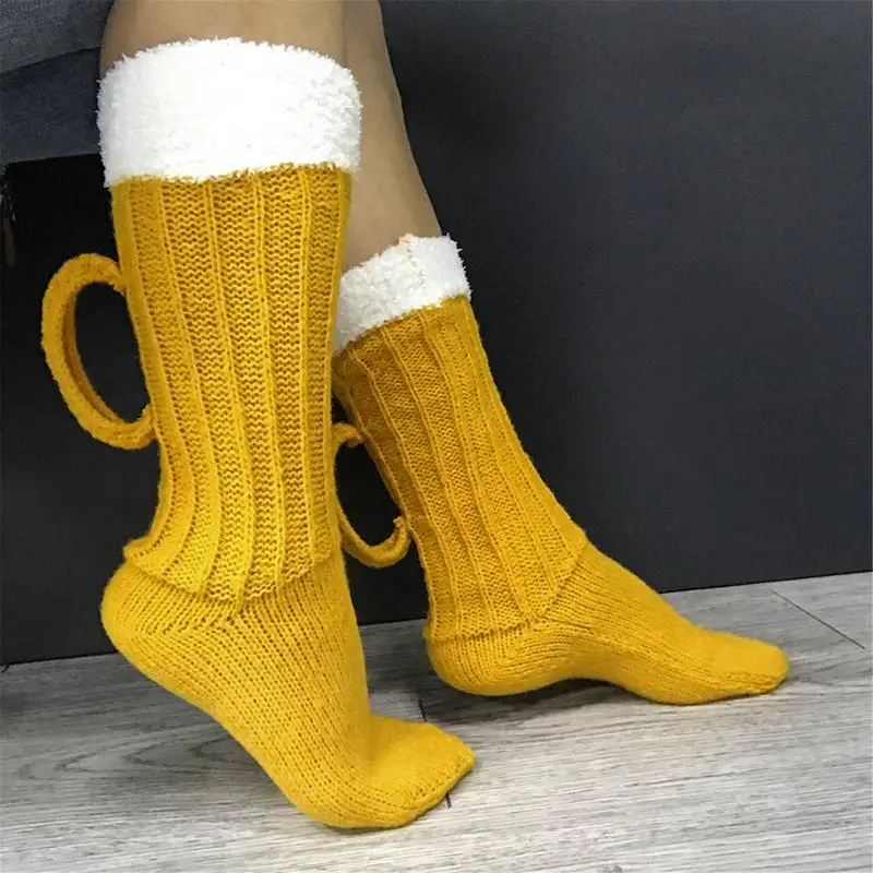 3D Beer Mug Knitted Socks Men's Padded Warm Mid-Calf Socks Women Winter Soft Funny Sleep Floor Socks Woolen Socks Christmas Gift