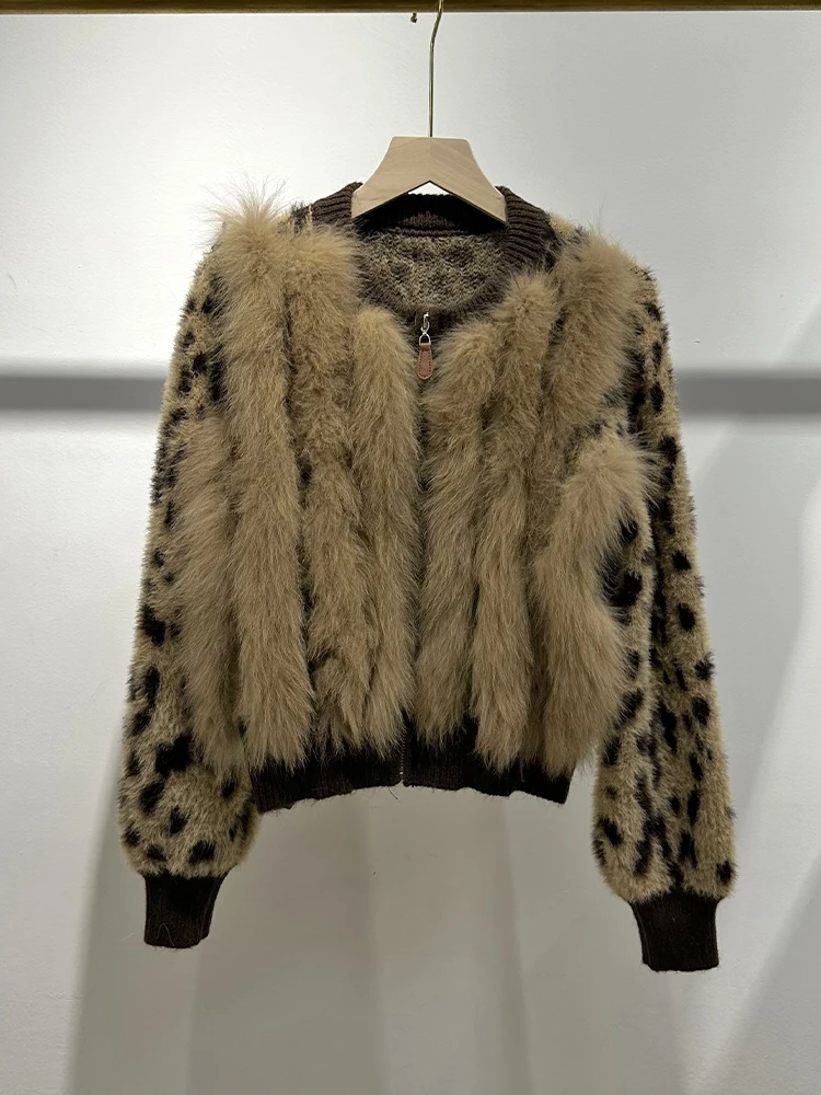 2026 Autumn Women Real Natural Fox Fur Oversized Cardigan Spring Special Design Leopard Print Sweater Wear Outwear - view 2