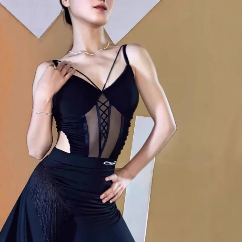 Abito da ballo latino personalizzato per donna Abito da performance per esame d'arte con gonna piegata in rete sexy per adulti