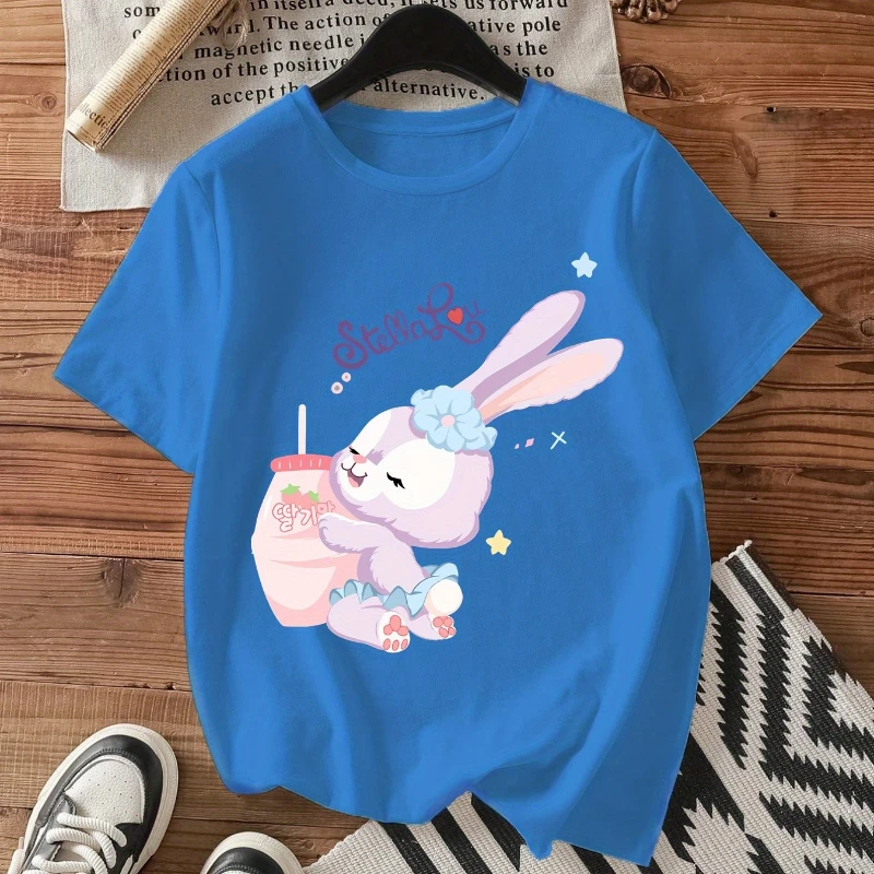 ディズニー レディース ステラルー ウサギ柄 Tシャツ - コットン 通気性 ラウンドネック ルーズ カジュアル 半袖、かわいい漫画プリント