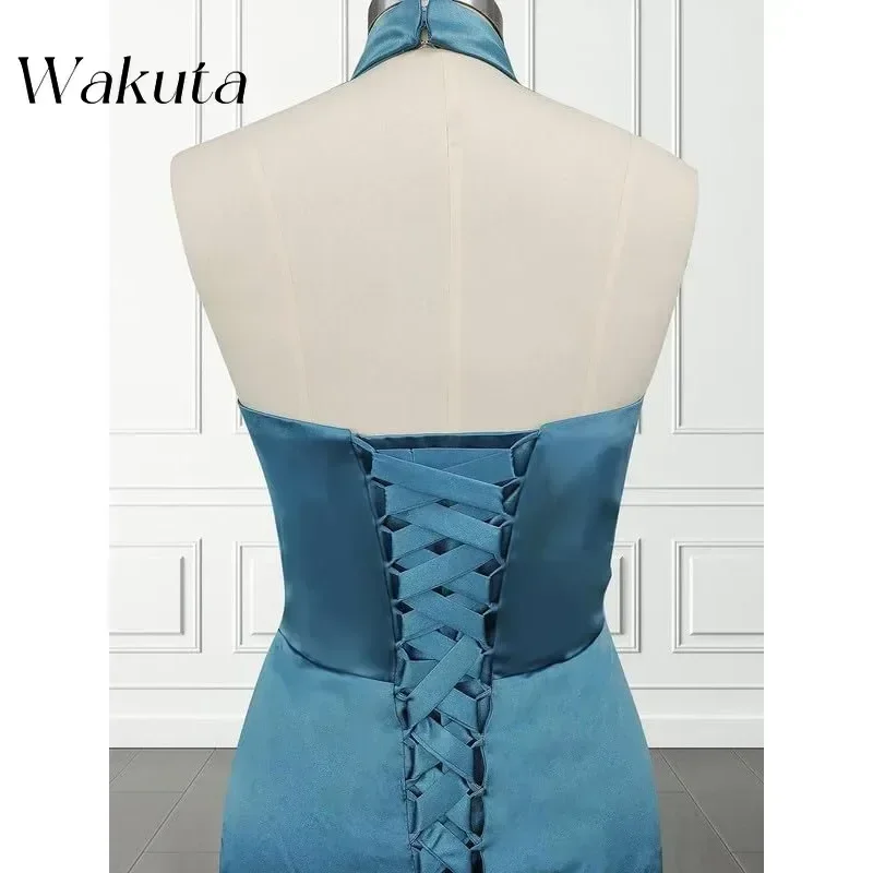 Wakuta-vestido De dama De honor De sirena con un hombro, maxivestido De satén con abertura, Formal, para baile De graduación y noche, para mujer