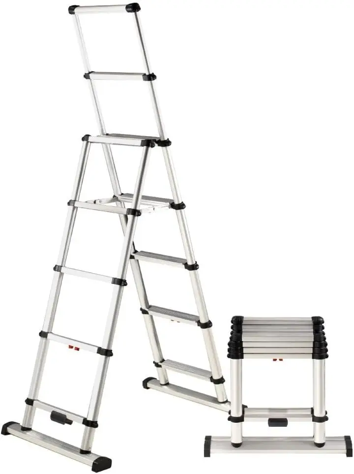 

12ES Telescoping A-Frame Ladder – 8 ft Height, 12 ft Reach | Type 1AA 375 lb Rated | Compact Folding Aluminum Ladder with Stair