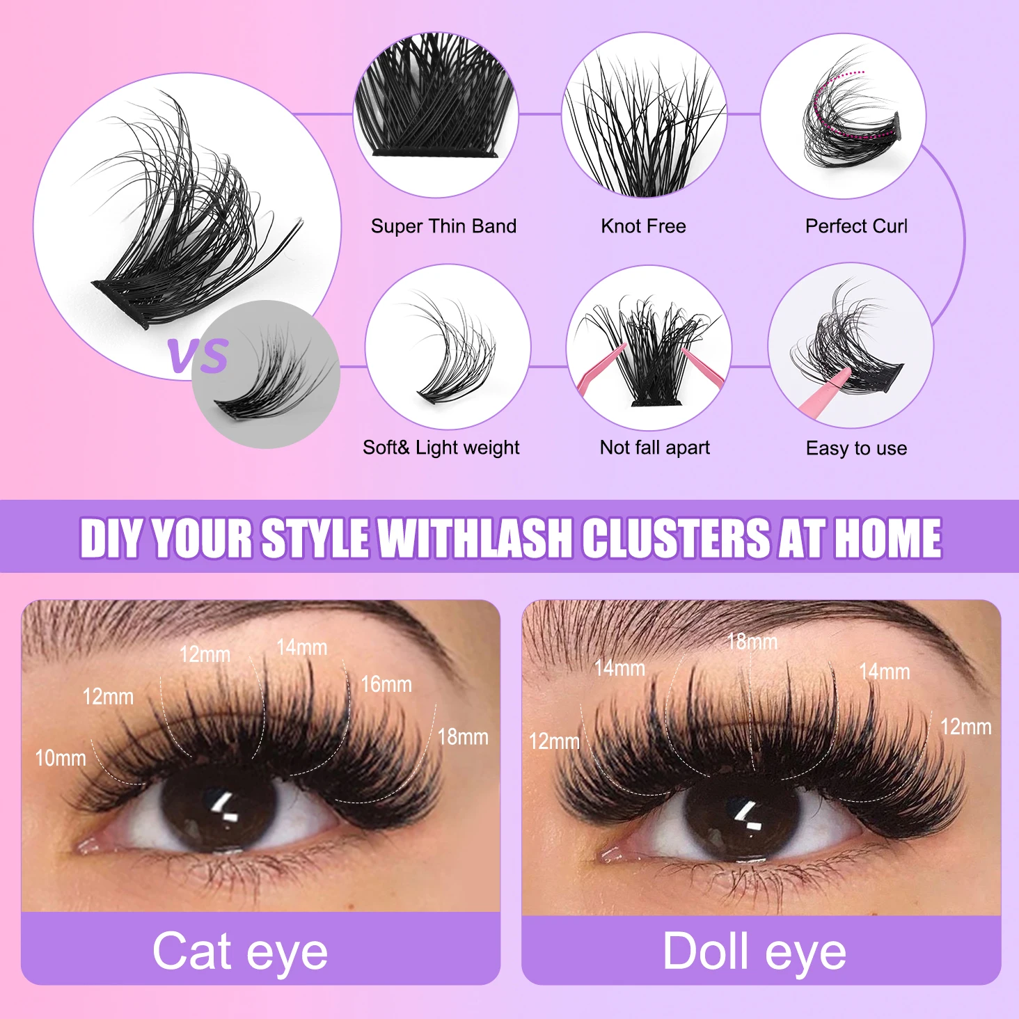 DIY Cluster Wimpern chaotisch dick 300 Stück natürliche D-Curl Wimpern Mix leichte falsche Wimpern Bond & Seal und Entferner Werkzeuge Set