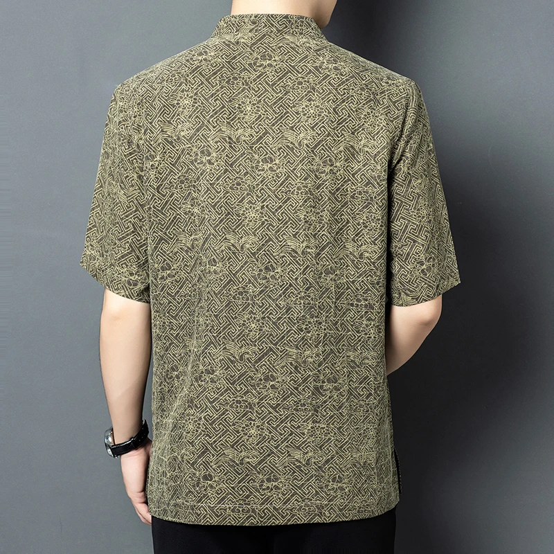 High-End Tang Costume Shirts For Men Real Silk 100% Short Sleeve Summer Quality Lightweight Coolness Loose Fit Camisas De Hombre