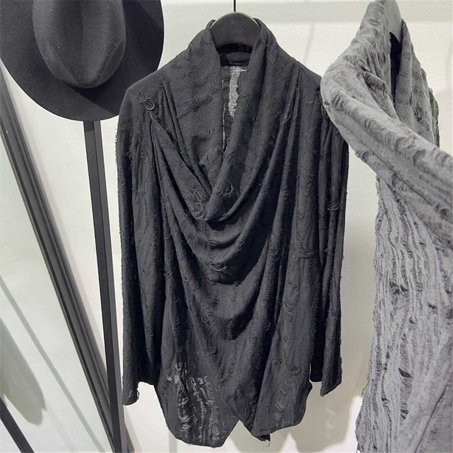 Irregular Ripped Hole Shirts Men Streetwear Hip Hop Punk Long Sleeve Shirt Oversized Harajuku Vintage Casual Blouse Coat Male