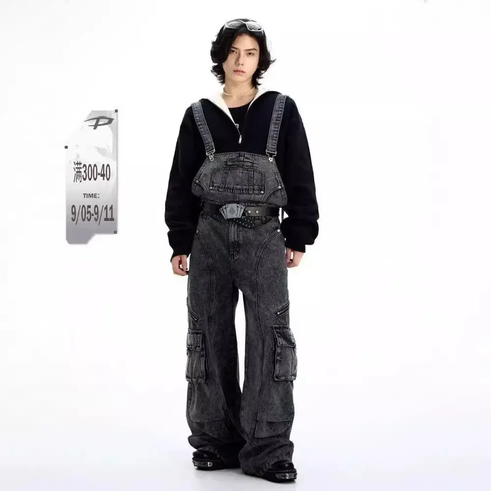 

Four Seasons Men’s Motorcycle Jean Pants Casual Trendy American Vintage New Fashion Spliced Denim Overalls Loose Male Streetwear