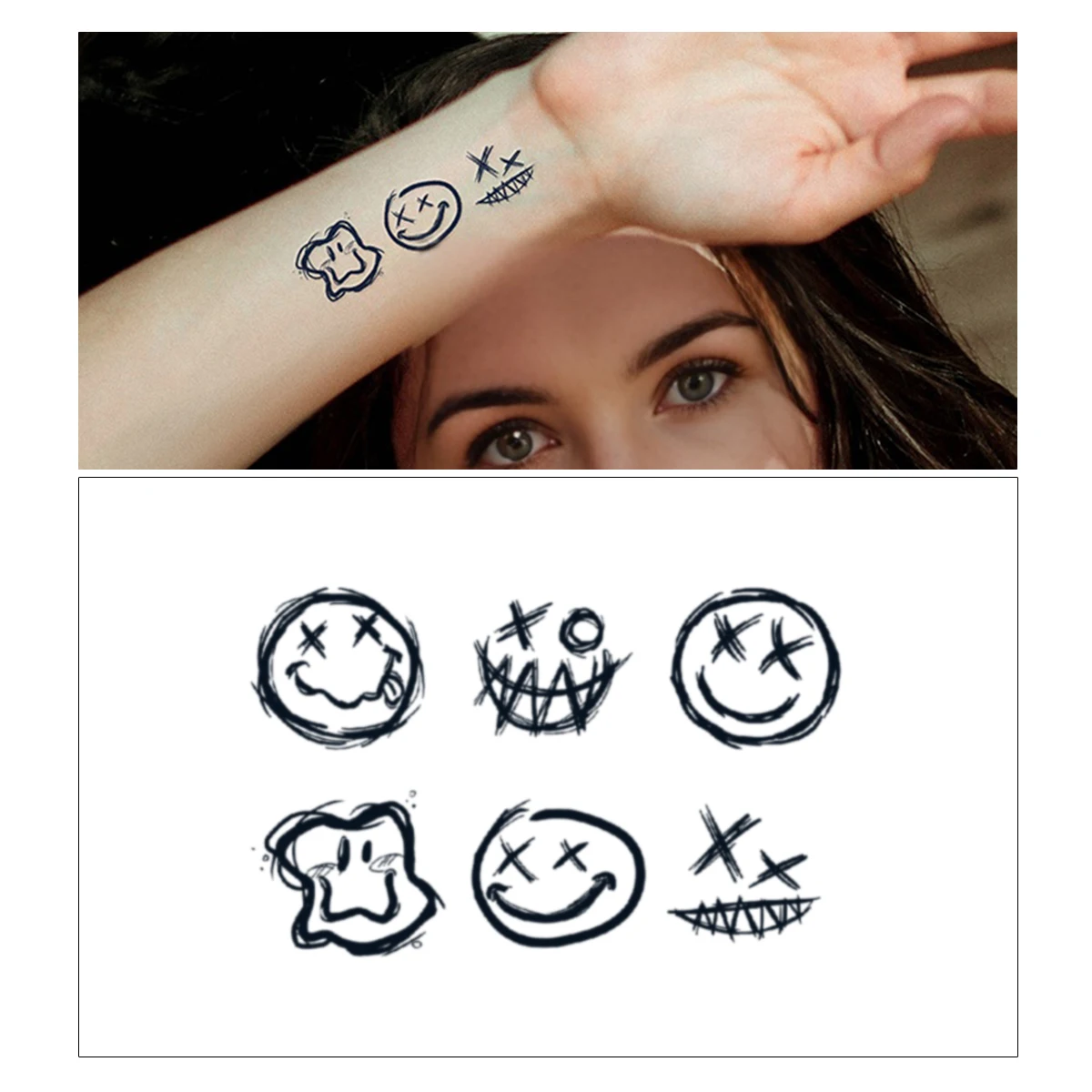 Pegatina de tatuaje temporal para hombres y mujeres, tatuaje mágico impermeable, cara sonriente, sol, arte corporal, brazo, muñeca, tatuaje falso, 1PC