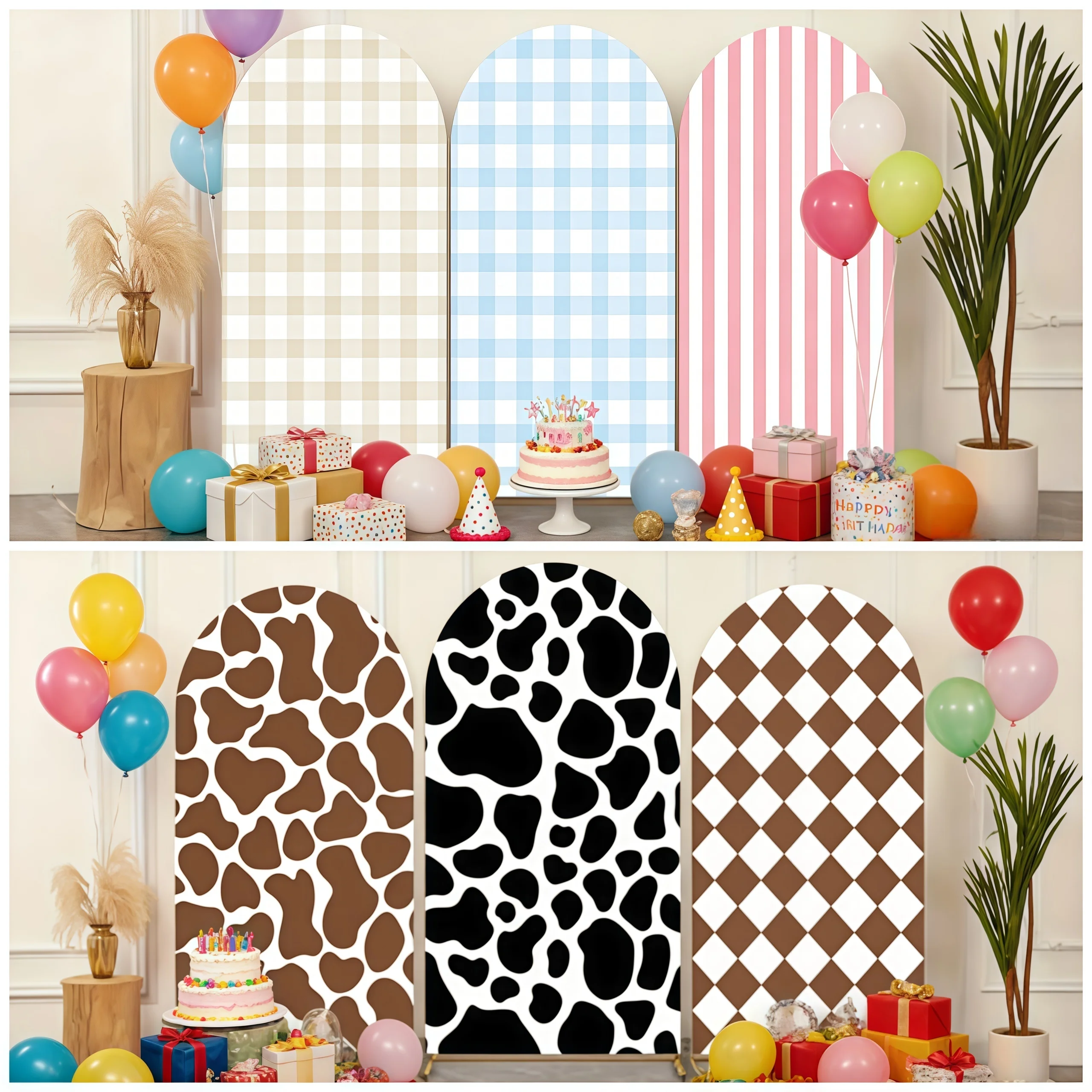 Farm Barn Theme Arch Cover Decoration Backdrop Animal Cow Print Checkered Striped For Kids Birthday Party Photo Booth Background
