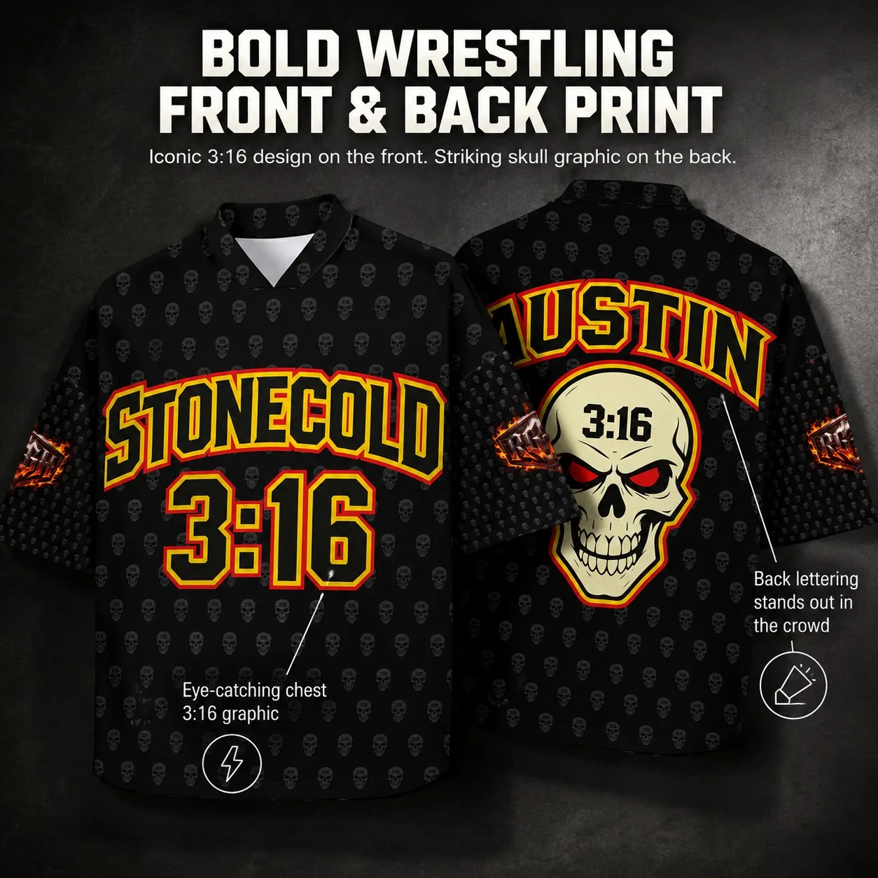 Men's Cold Stone 316 Wrestling T-shirt Austin Skull Full Print V-neck Off Shoulder Loose Rock Casual Wrestling Fan T-shirt