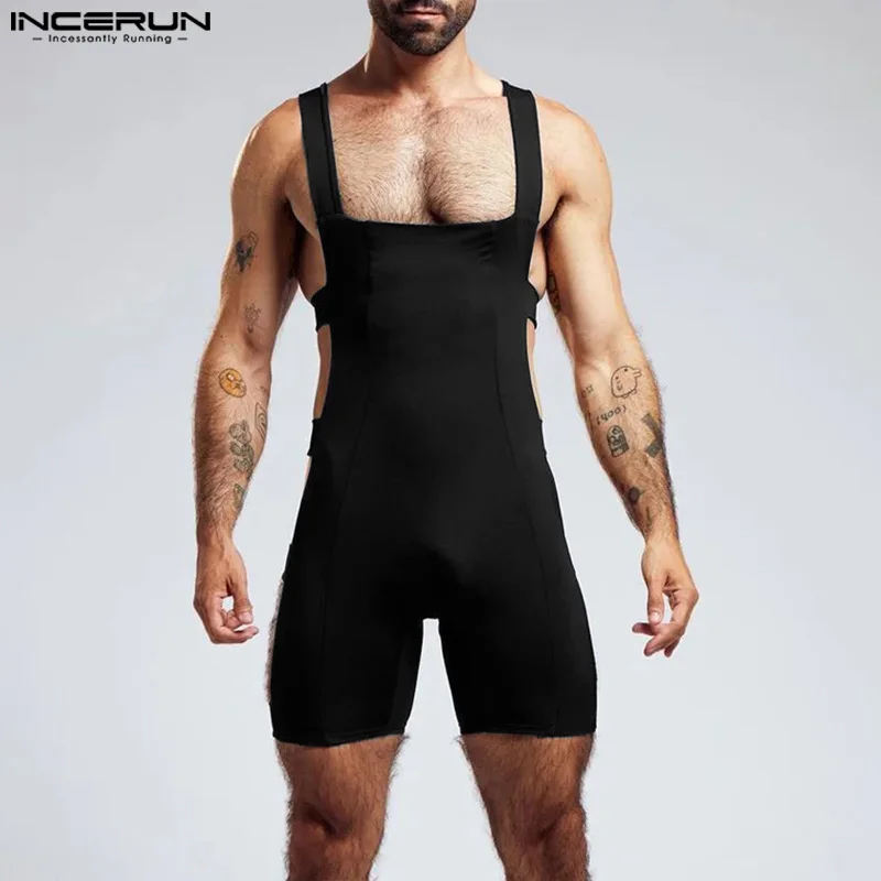 2024 Men Bodysuits Solid Color Sleeveless Hollow Out Homewear Male Rompers Sexy Skinny Fashion Leisure Playsuits S-5XL INCERUN