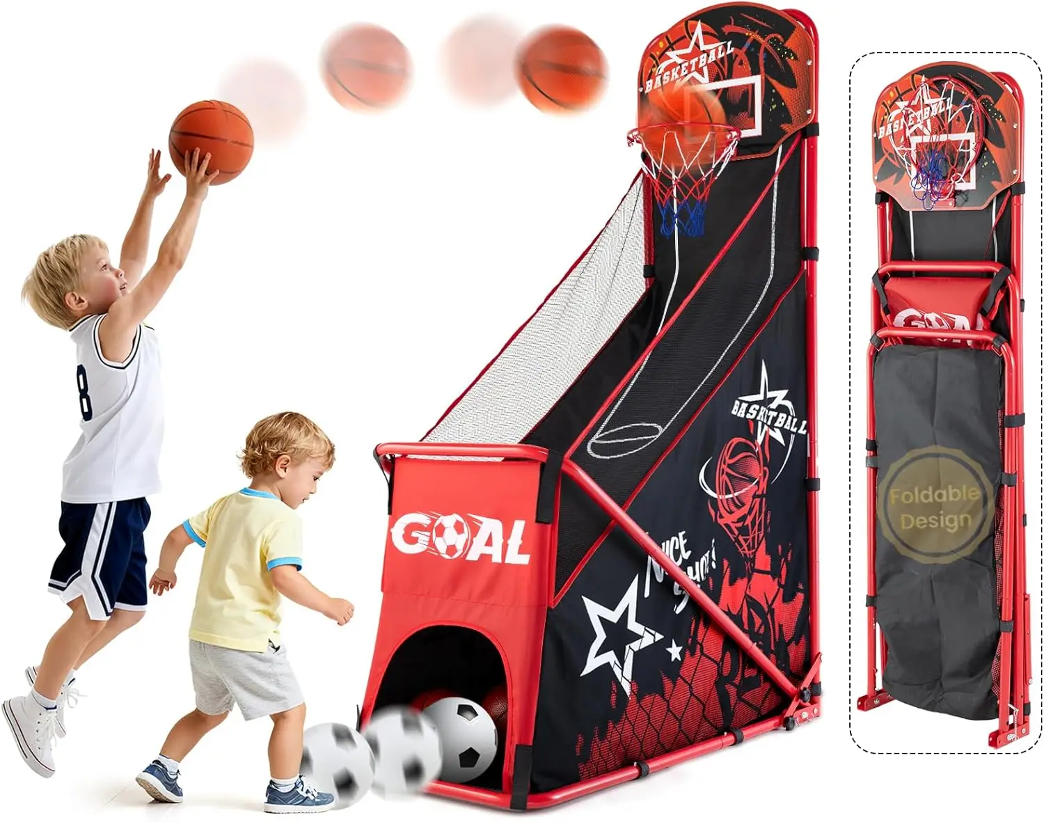 

Foldable Basketball Hoop & Soccer Goal Set - Indoor Outdoor Sports Toy for Kids Ages 3-12 with Air Pump & Balls