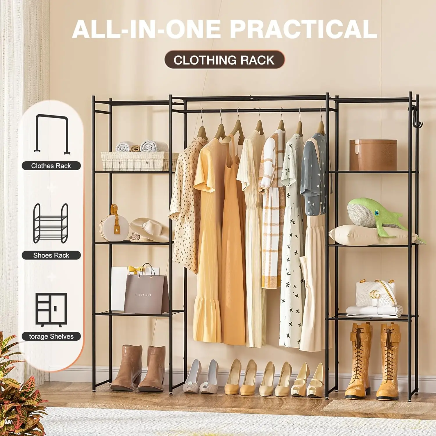 Portable Closet Wardrobe, Metal Clothing Rack with 8 Shelves & 1 Hang Rod, Free Standing Closet Rack for Hanging Clothes