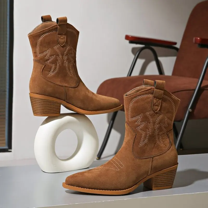 Women\'s Retro Embroidery Western Boots Autumn Winter PU Leather Cowboy Boots Female Thick Heels Pointed Toe Mid-Calf Botas 2024