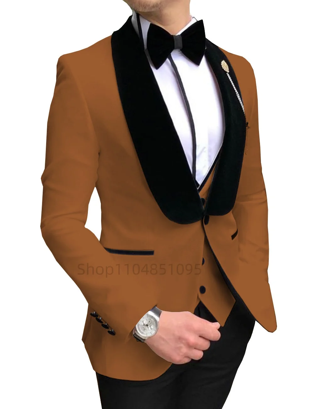 

Solid 3 Piece Men's Suits Business Wedding Mens Suit Black Velvet Shawl Lapel Blazer Formal Groom Tuxedos(Blazer+vest+Pants)