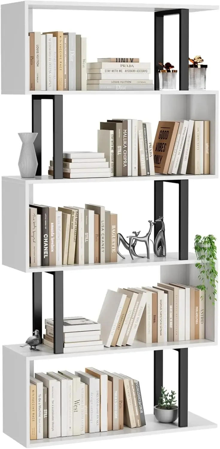 5 Tier Geometric Bookcase,S Shaped Bookshelf, Wood Decorative Storage Shelving, Modern Freestanding Display Shelves