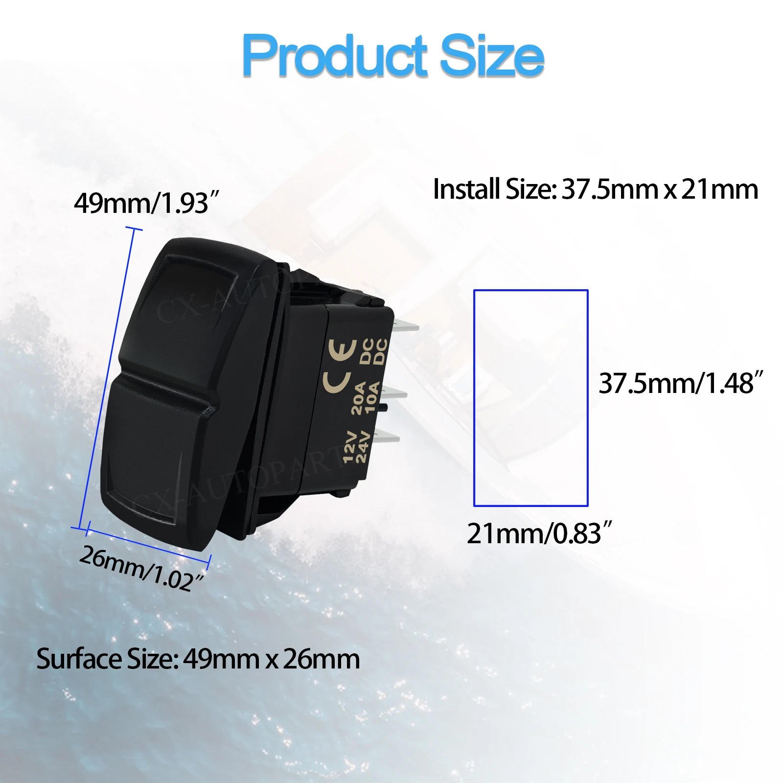 12V 20A Blue LED 3-Way ON-OFF-ON Rocker Switch Music Radio Interior Light Control for Off Road RZR 4x4 UTV Jeep