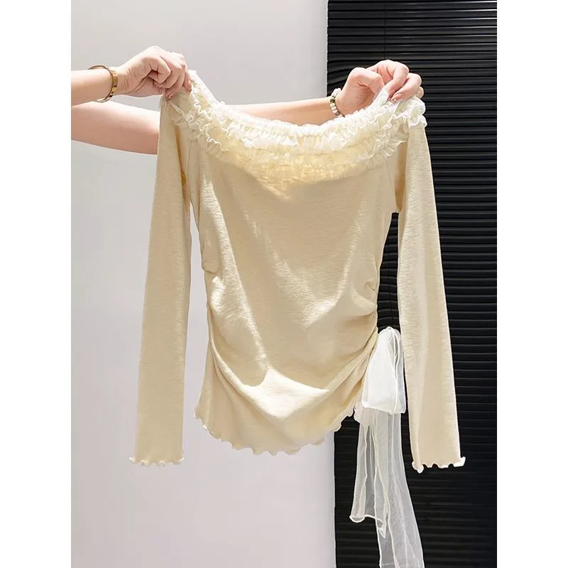 French Lace Ee One-line Collar Long-sleeved T-shirt for Women 2025 Early Autumn New Style Waist Slimming Short Top