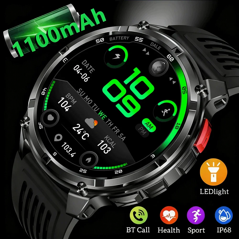 1100mAh Large Battery Smartwatch Men Flashlight Compass 1.7'' HD Screen Outdoor Sports Voice Assistant Wireless Call Smartwatch
